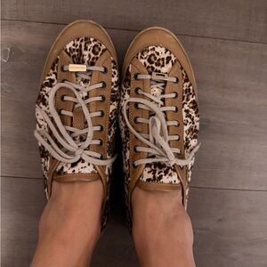 Burberry Tan and White Leopard Print Sneakers